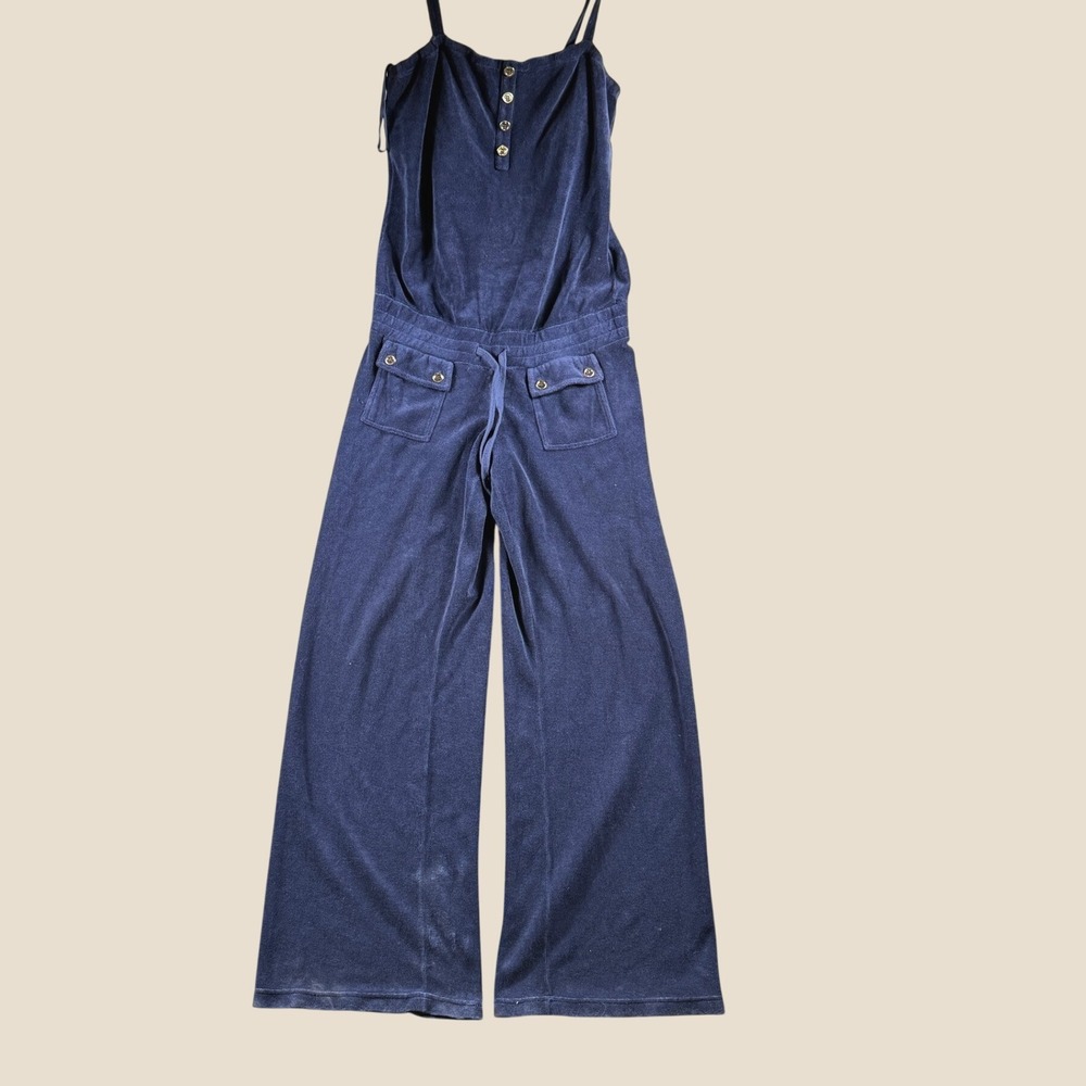 Juicy Couture Jumpsuit Womens M Navy Blue Terry Cloth Wide Leg Y2K McBling